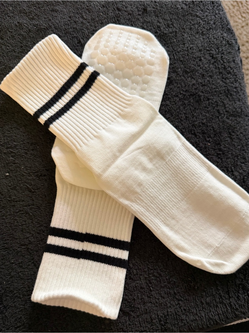 For Pilates or Pure barre- White Athletic Crew Socks with Black Stripes Grippy